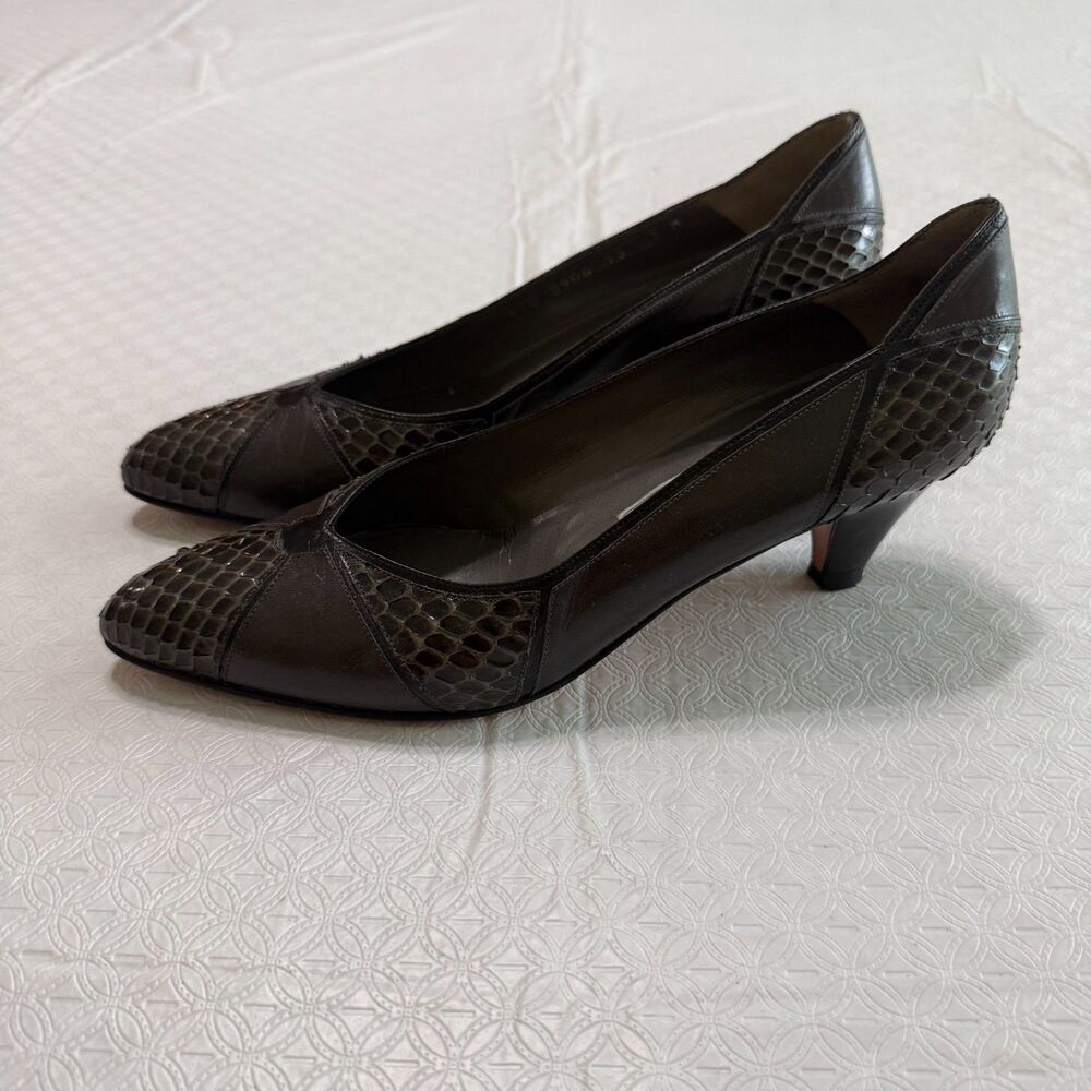 Vtg Bally Italy Black Leather Snakeskin Heels Pumps - Women's 7M